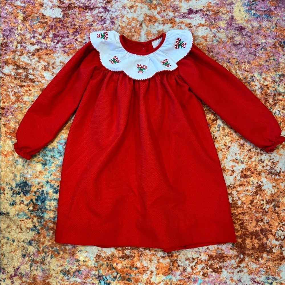 Girls' Red Embroidered Collar Holiday Dress